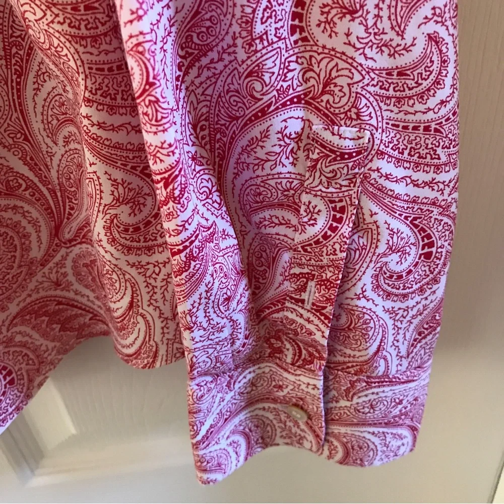 Talbots blouse size 16 button down red and white paisley cotton spandex - Picture 4 of 7